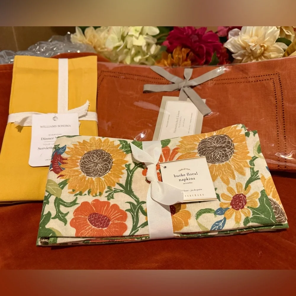 New Williams Sonoma Double Hemstitched 100% Linen Placemats, S/4, Rust Orange